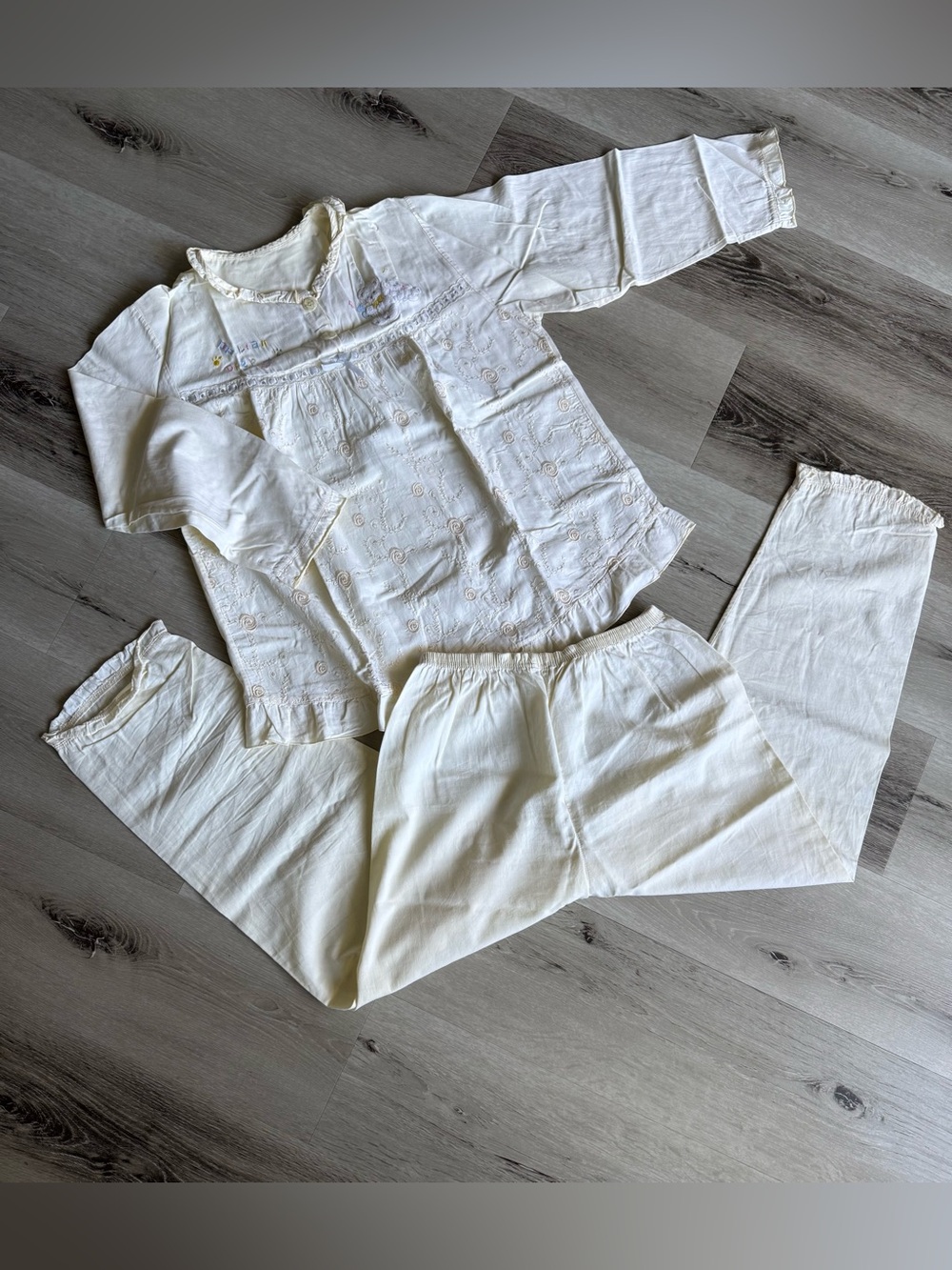Cream Yellow Pajama Set with Embroidered Details, Size S